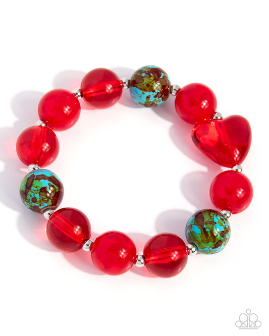 Paparazzi STONY Ovation - Red Acrylic Bead, Heart & Marbled Turquoise Stone Stretch Bracelet