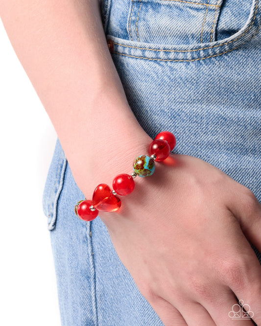 Paparazzi STONY Ovation - Red Acrylic Bead, Heart & Marbled Turquoise Stone Stretch Bracelet