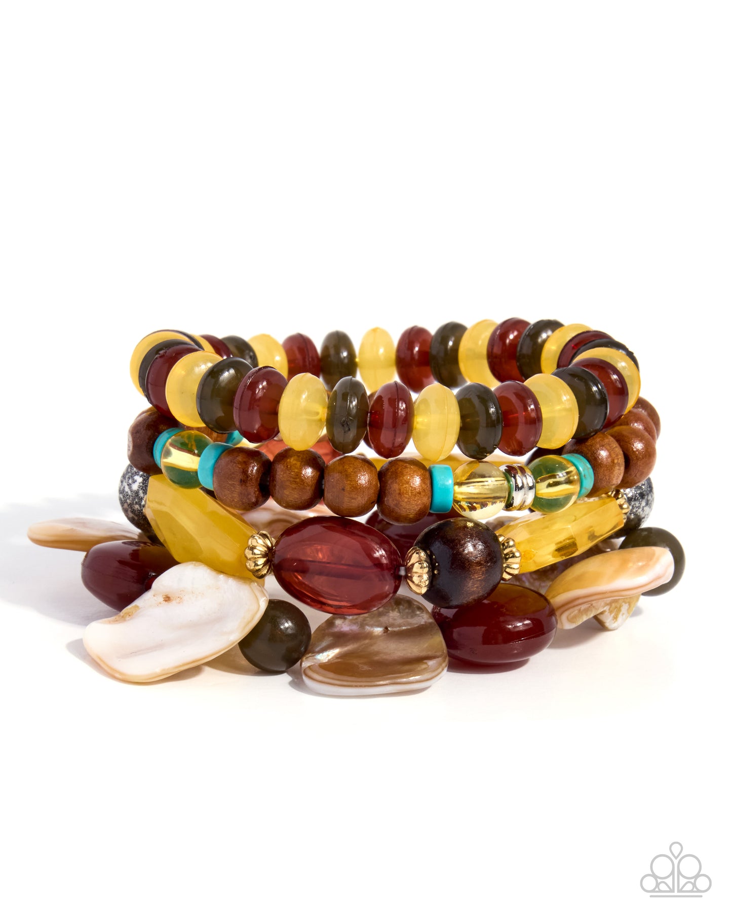 Paparazzi Straightforward Season - Yellow, Dark Brown Wood Bead, Natural Shells & Milky Arabian Spice Set Of 4 Stretch Bracelet