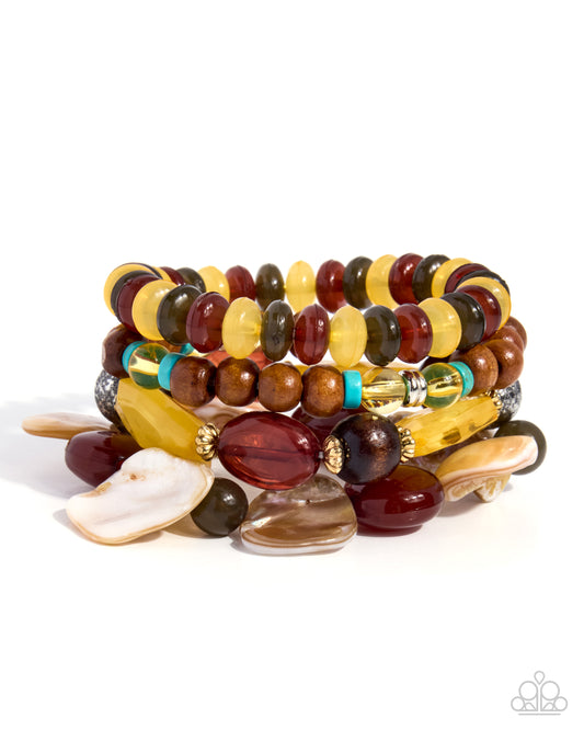Paparazzi Straightforward Season - Yellow, Dark Brown Wood Bead, Natural Shells & Milky Arabian Spice Set Of 4 Stretch Bracelet