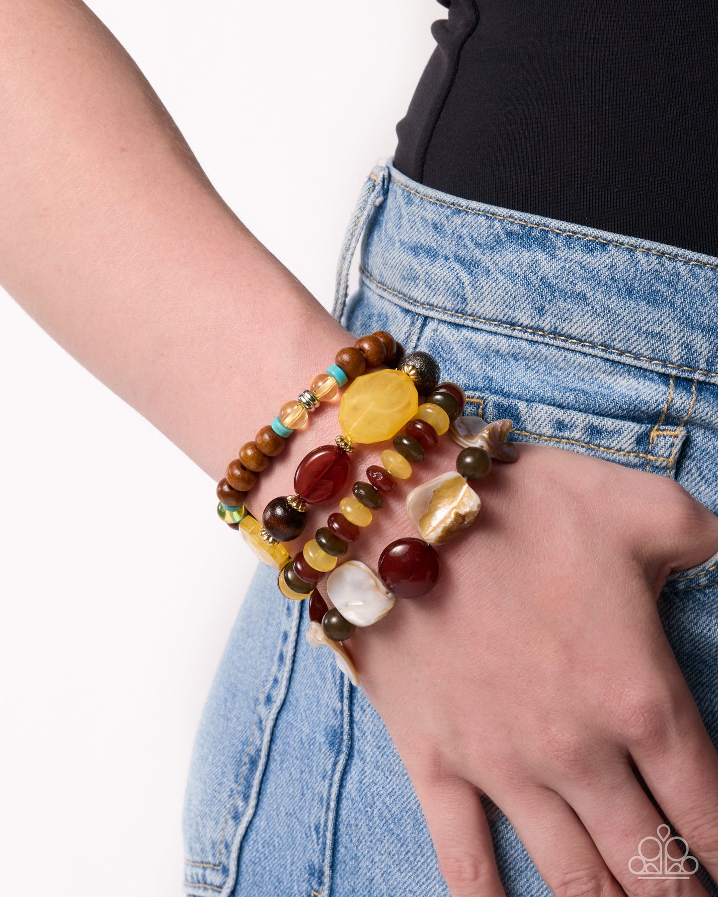 Paparazzi Straightforward Season - Yellow, Dark Brown Wood Bead, Natural Shells & Milky Arabian Spice Set Of 4 Stretch Bracelet