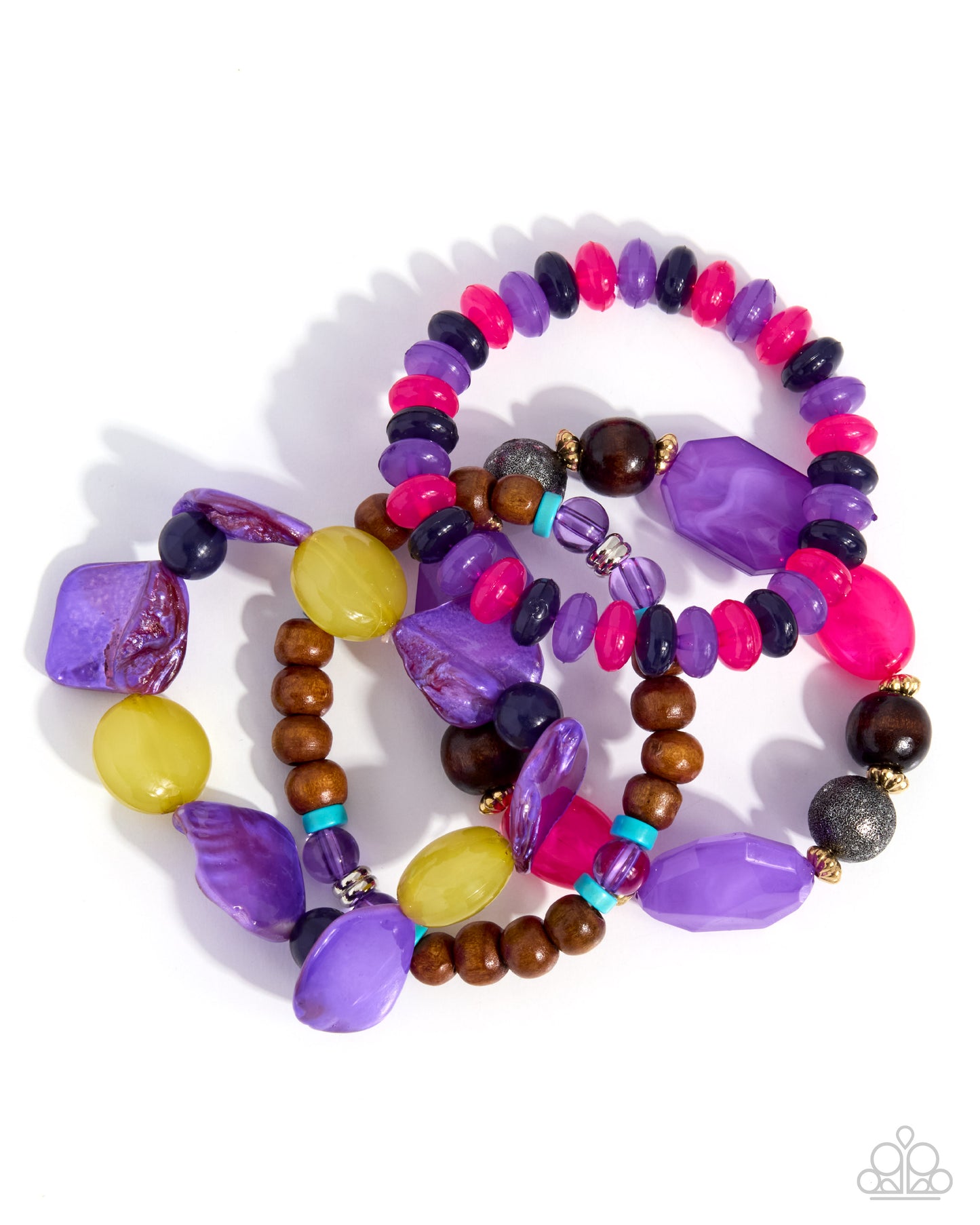 Paparazzi Straightforward Season - Purple, Pink Bead, Brown Wood Set Of 4 Stretch Bracelets
