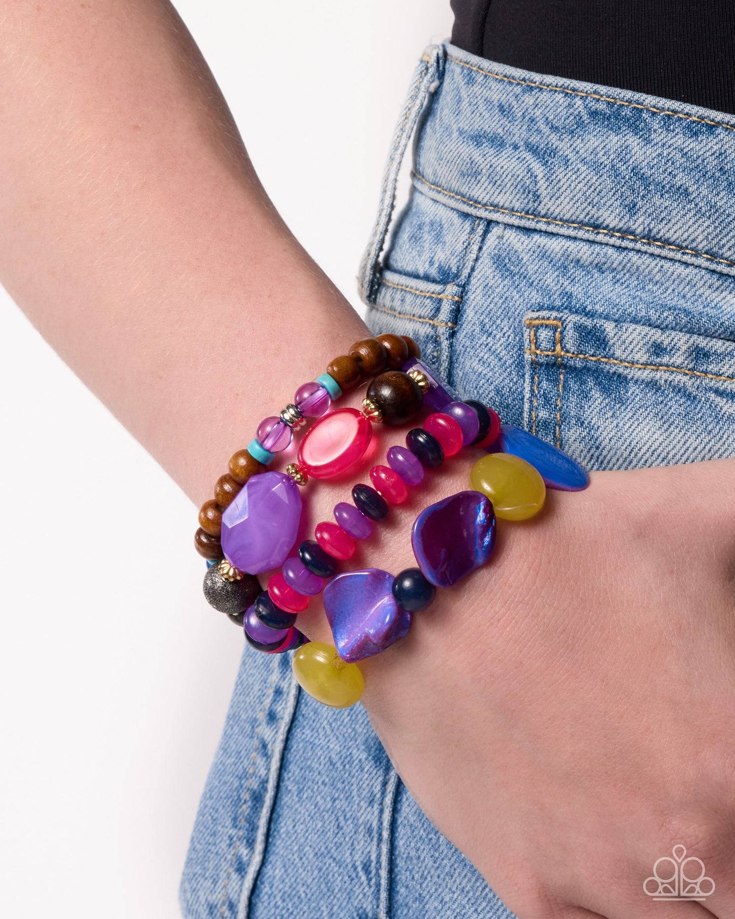 Paparazzi Straightforward Season - Purple, Pink Bead, Brown Wood Set Of 4 Stretch Bracelets