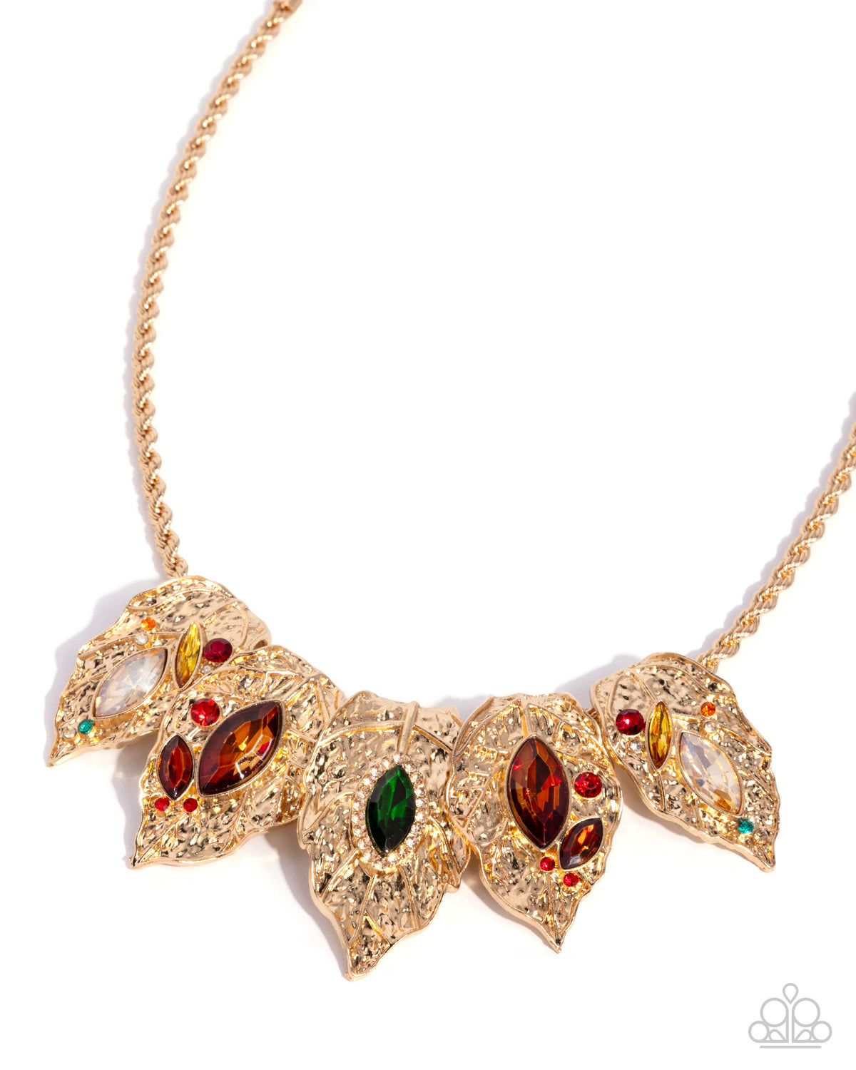 Paparazzi Autumnal Riot - Multicolored Gem & Rhinestone Gold Leaves Necklace Life Of The Party September 2026