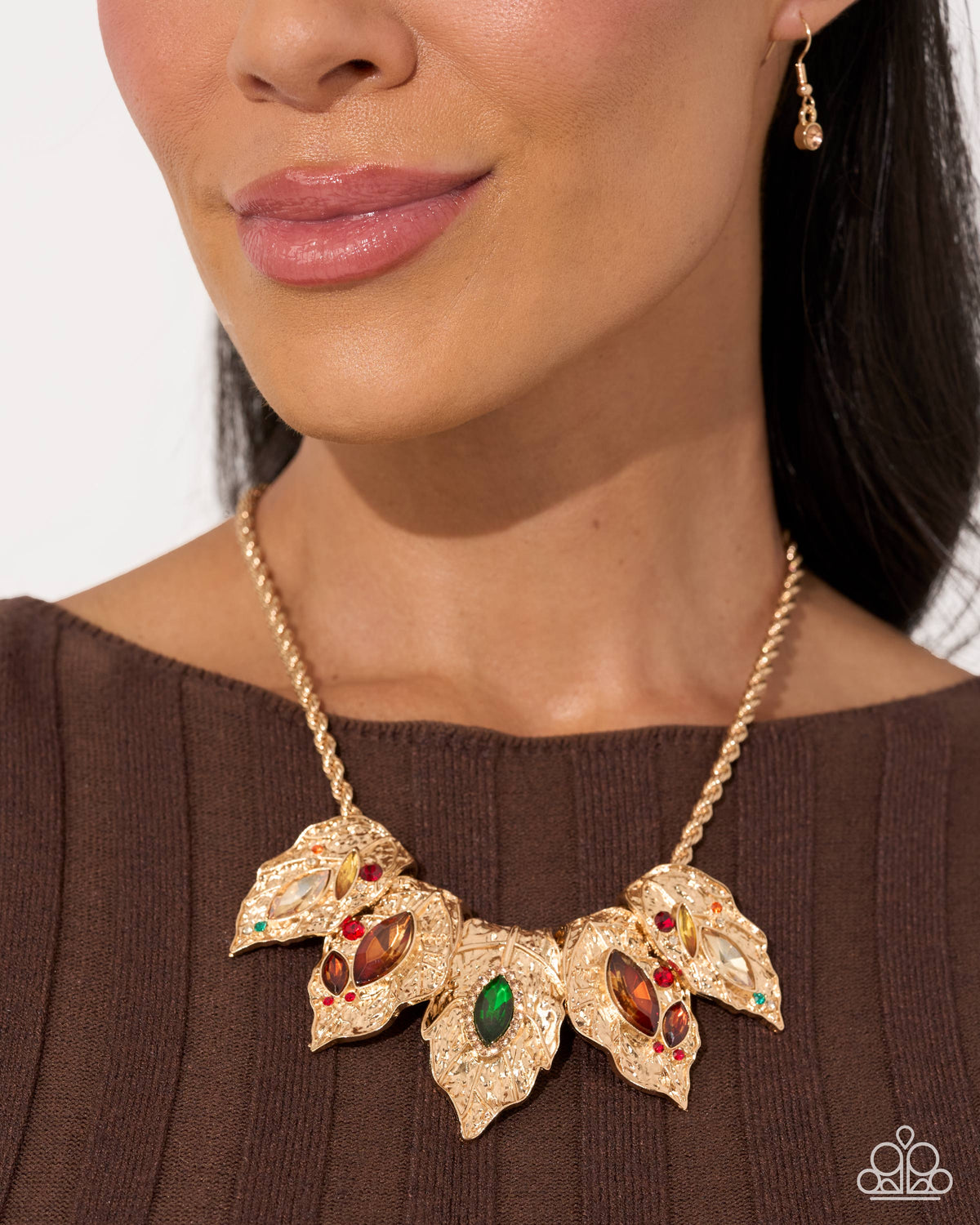 Paparazzi Autumnal Riot - Multicolored Gem & Rhinestone Gold Leaves Necklace Life Of The Party September 2026