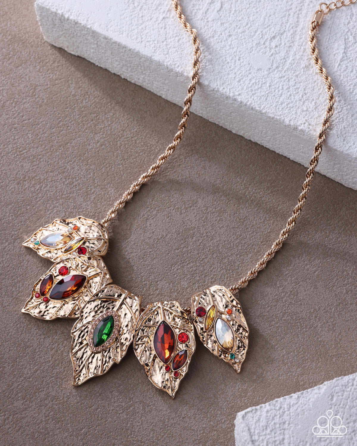 Paparazzi Autumnal Riot - Multicolored Gem & Rhinestone Gold Leaves Necklace Life Of The Party September 2026