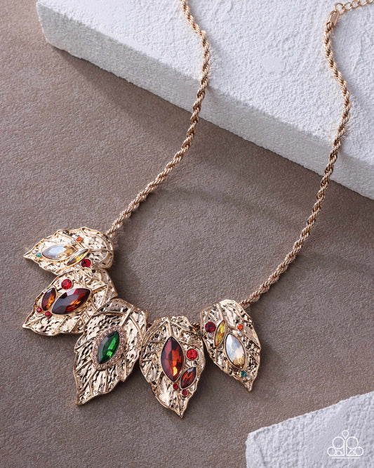 Paparazzi Autumnal Riot - Multicolored Gem & Rhinestone Gold Leaves Necklace Life Of The Party September 2026