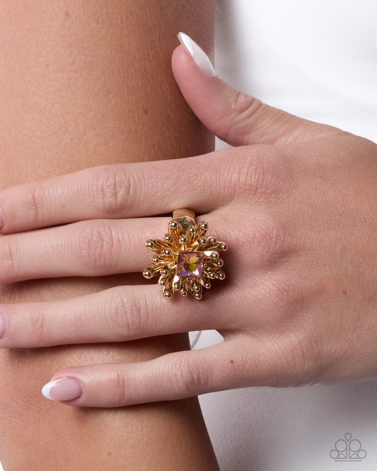Paparazzi Deafening Dazzle - Orange UV Shimmery Gem & Gold Floral Necklace