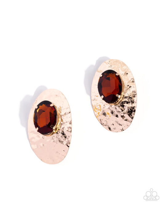 Paparazzi Ornately Oversized - Brown Topaz Gem Hammered Gold Post Earring
