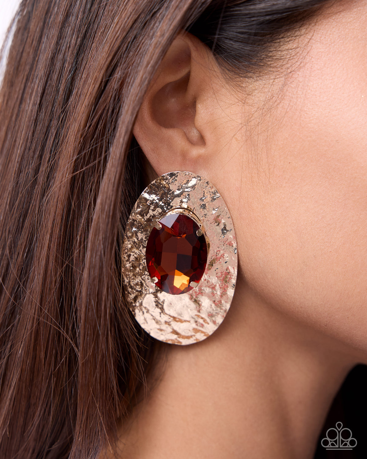 Paparazzi Ornately Oversized - Brown Topaz Gem Hammered Gold Post Earring