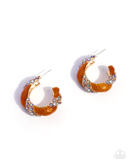 Paparazzi Appreciative Aesthetic - Orange Painted, Light Topaz Iridescent Rhinestone, Gold 1 1/2 Inch Hoop Earring