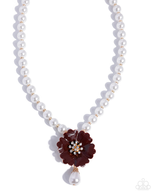 Paparazzi Whimsical Want - Brown Arabian Spice Flower & White Pearl Bead Necklace 2026 Convention Exclusive