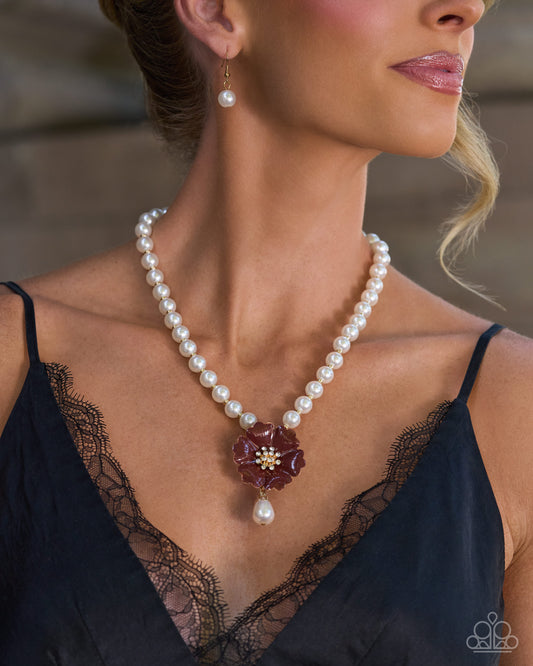 Paparazzi Whimsical Want - Brown Arabian Spice Flower & White Pearl Bead Necklace 2026 Convention Exclusive