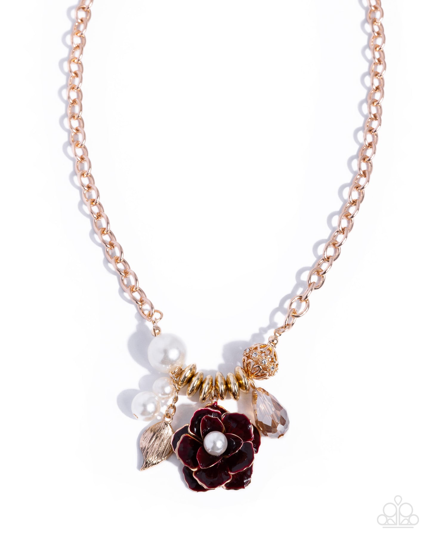 Paparazzi Whimsical Broadcast - Gold & Red Mahogany Rose Necklace