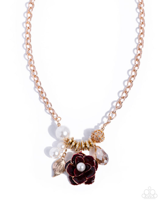 Paparazzi Whimsical Broadcast - Gold & Red Mahogany Rose Necklace N4093