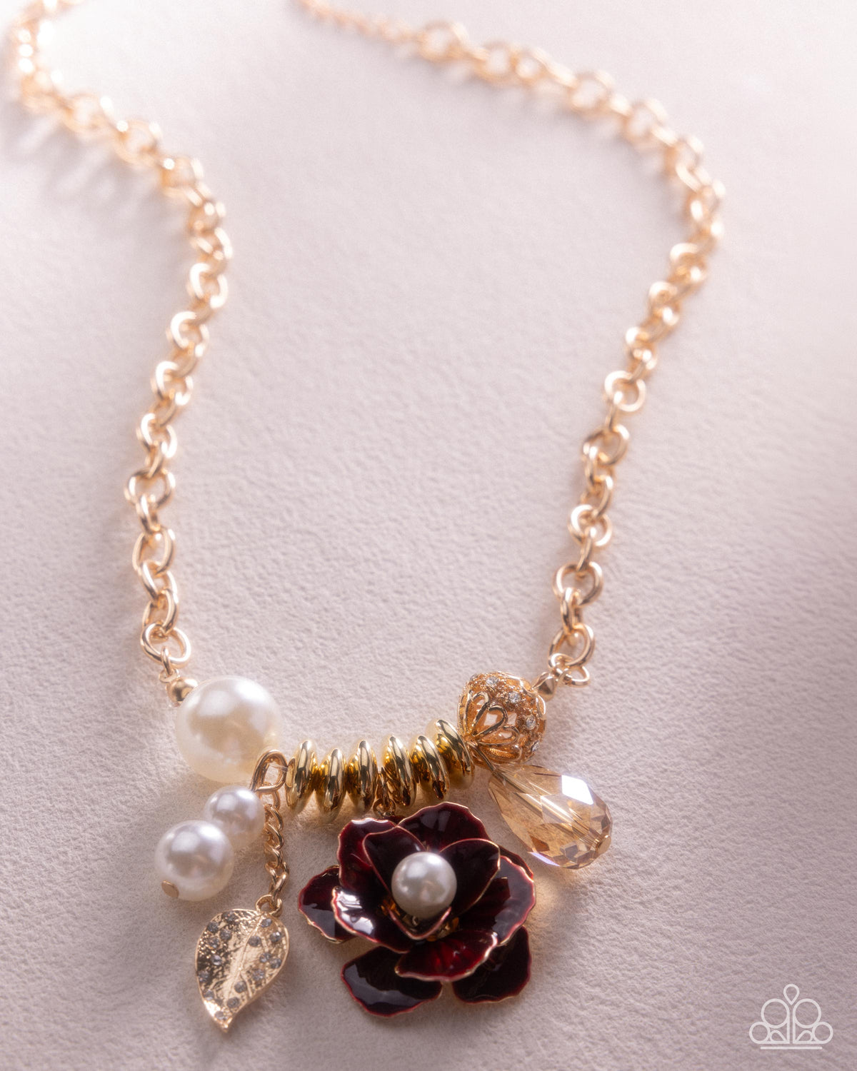 Paparazzi Whimsical Broadcast - Gold & Red Mahogany Rose Necklace