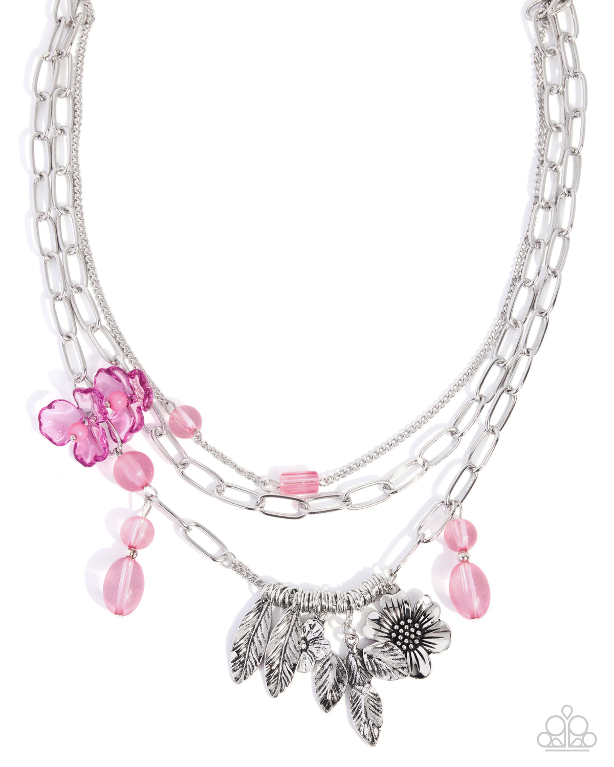 Paparazzi Futuristic Freestyle - Pink Transparent Foxglove Bead Silver Flower Layered Necklace