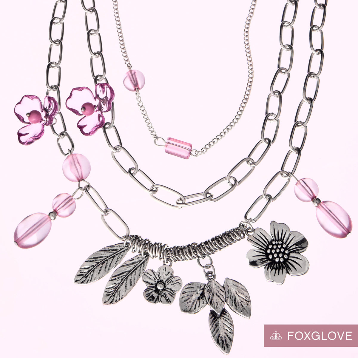 Paparazzi Futuristic Freestyle - Pink Transparent Foxglove Bead Silver Flower Layered Necklace