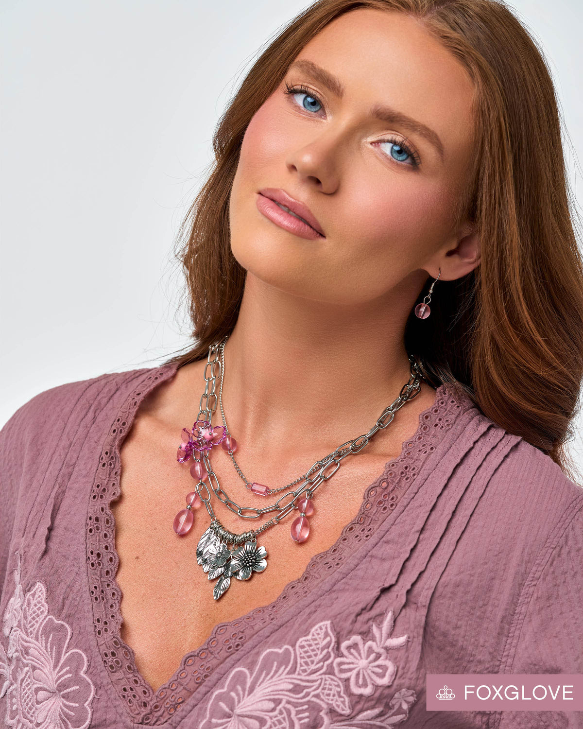 Paparazzi Futuristic Freestyle - Pink Transparent Foxglove Bead Silver Flower Layered Necklace