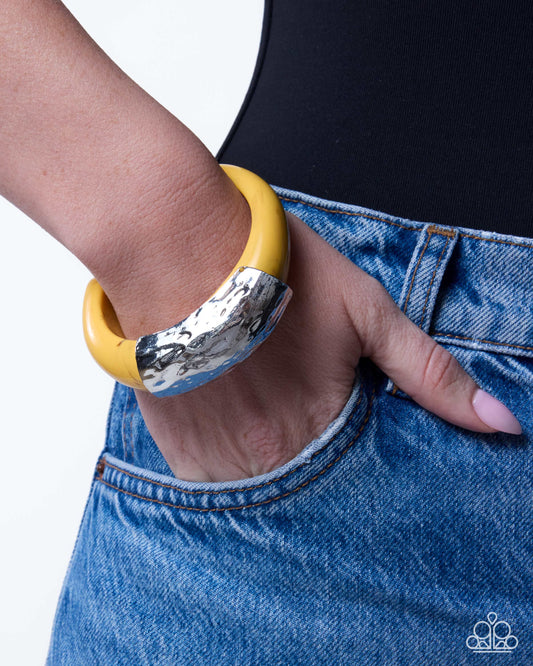 Paparazzi Memorable Motif - Yellow Polished Acrylic & Hammered Silver Accent Cuff Bracelet