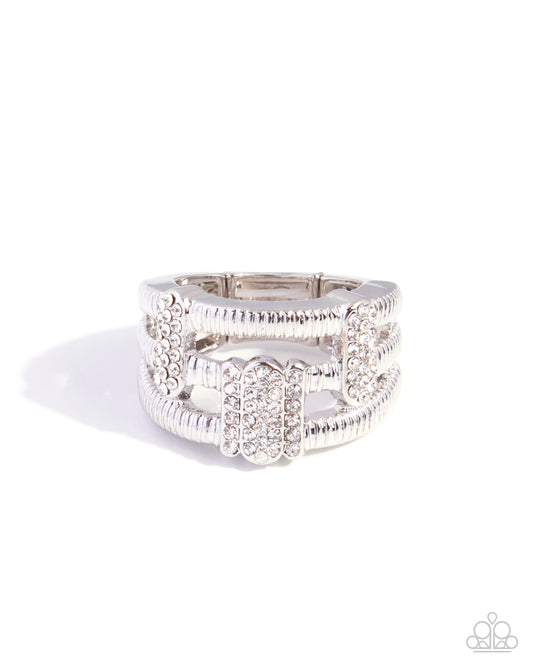 Paparazzi Melodic Merge - White Rhinestone Silver Crimp Textured Band Ring