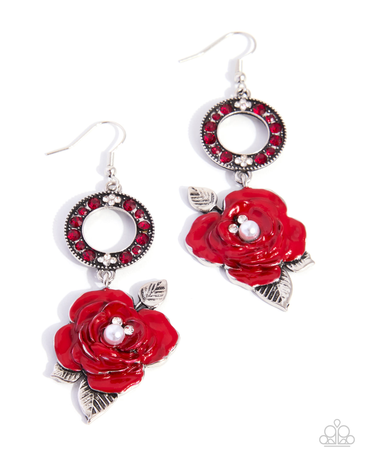 Paparazzi Floral Flare - Red Painted Rose, Red & White Rhinestone Earring