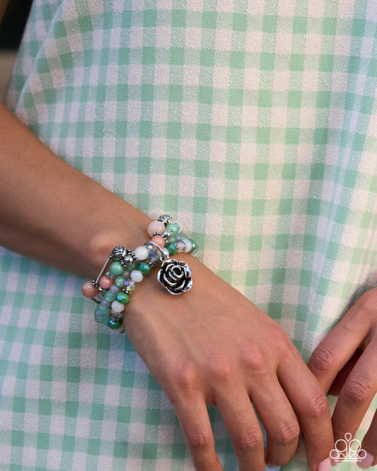 Paparazzi Whimsical Muse - Multi Neptune Green, Silver Beaded Flower Charm Stretch Bracelet 2026 Convention Exclusive