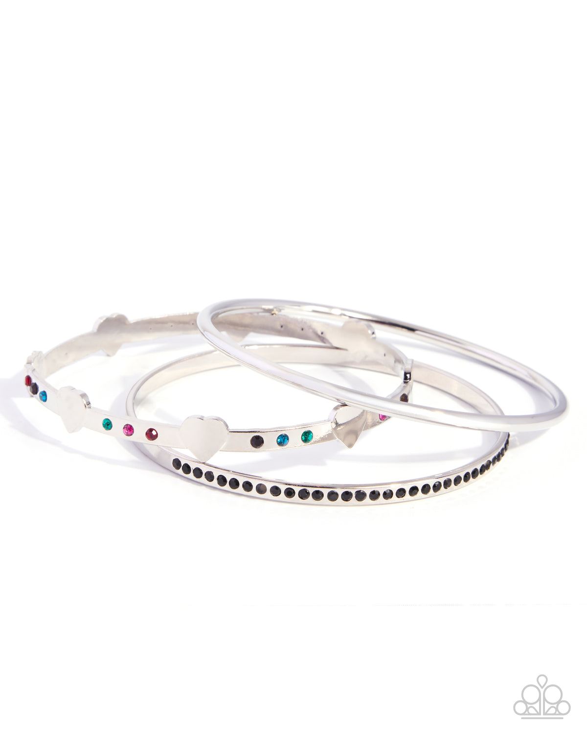Paparazzi Romantic Request - Black, Blue Zircon, Fuchsia, Red Rhinestone Silver Set Of 3 Bangle Bracelets