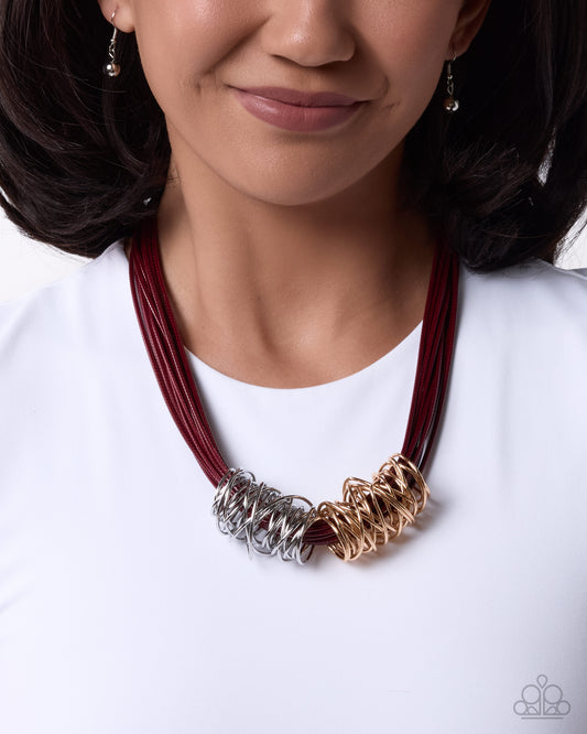 Paparazzi Trusting Tapestry - Red Wine Strands Silver & Gold Intertwined Ring Necklace