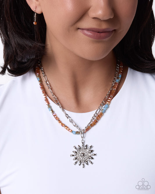 Paparazzi Sunburst Scene - Orange, Blue UV Shimmery, Silver Beaded Layered Sunburst Pendant Necklace N1040