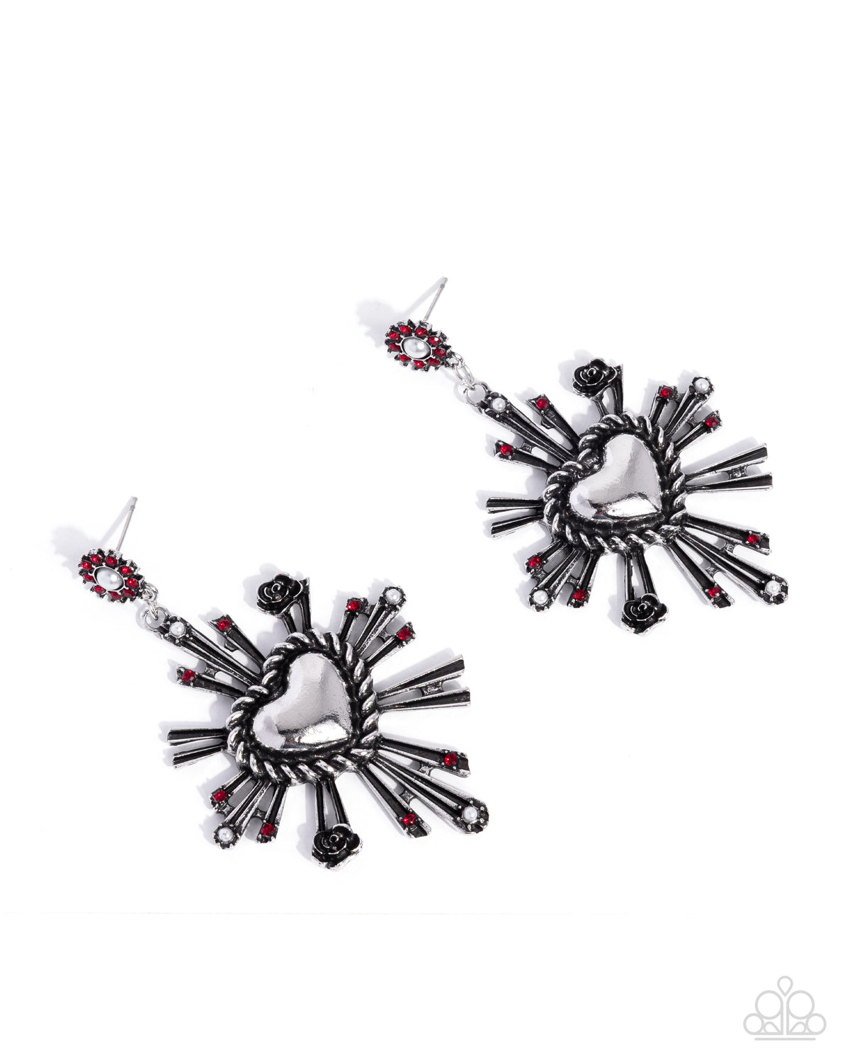Paparazzi Structured Sunburst - Red Rhinestone Silver Flower Post Earring
