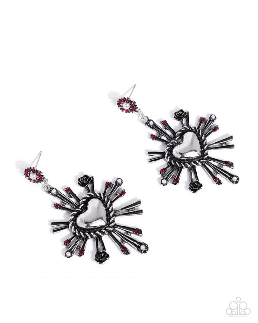 Paparazzi Structured Sunburst - Red Rhinestone Silver Flower Post Earring