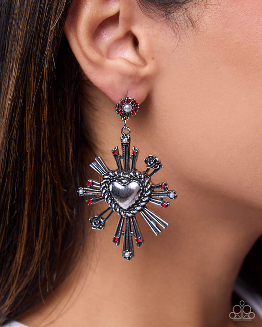 Paparazzi Structured Sunburst - Red Rhinestone Silver Flower Post Earring