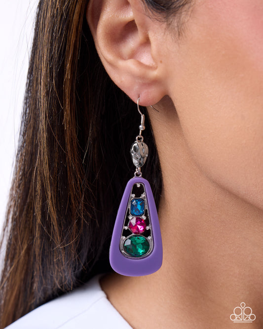 Paparazzi Crafted Collision - Purple Painted Trapezoidal Frame Blue, Fuchsia, Green Gem Earring E3552