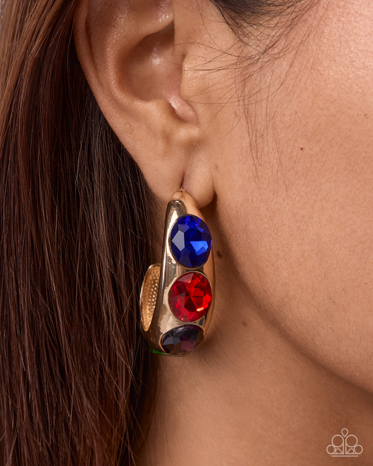 Paparazzi Adorable Advocate - Gold, Blue, Red, Black & Green Gem 1 Inch Hoop Earring