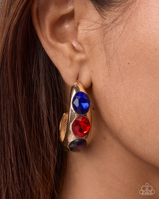 Paparazzi Adorable Advocate - Gold, Blue, Red, Black & Green Gem 1 Inch Hoop Earring