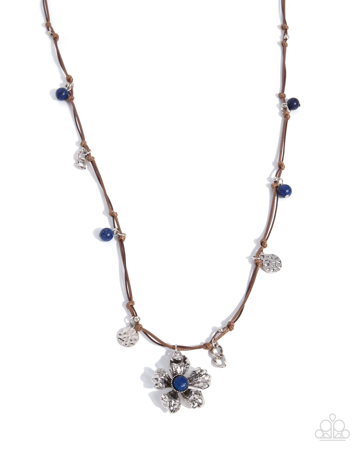 Paparazzi Floral Following - Blue Lapis Stone Silver Flower Knotted Cord Necklace