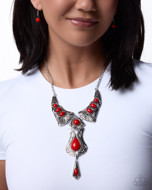 Paparazzi Tailored Timeline - Red Fiery Acrylic Bead Silver Artisan Santa Fe Style Necklace