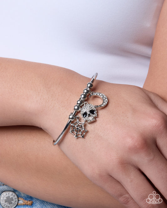 Paparazzi Halloween Habit - White Rhinestone Spider Web, Skull & Crecent Moon Halloween Cuff Bracelet