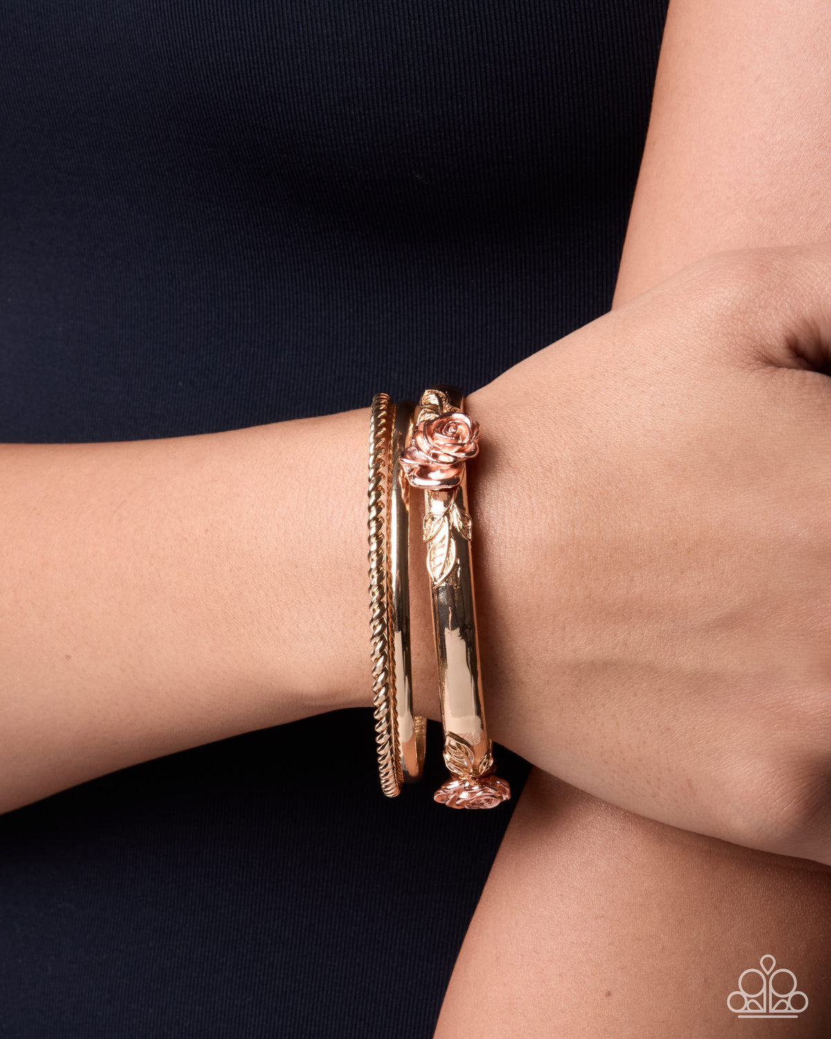 Paparazzi Rose Rarity - Gold & Shiny Copper Rose Flower Set Of 3 Bangle Bracelets