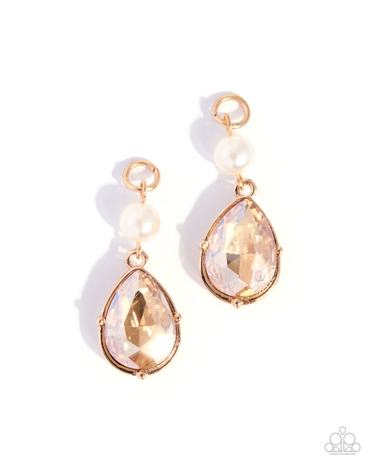 Paparazzi Teardrop Tenor - Gold Champagne Teardrop Gem & White Pearl Earring Charm