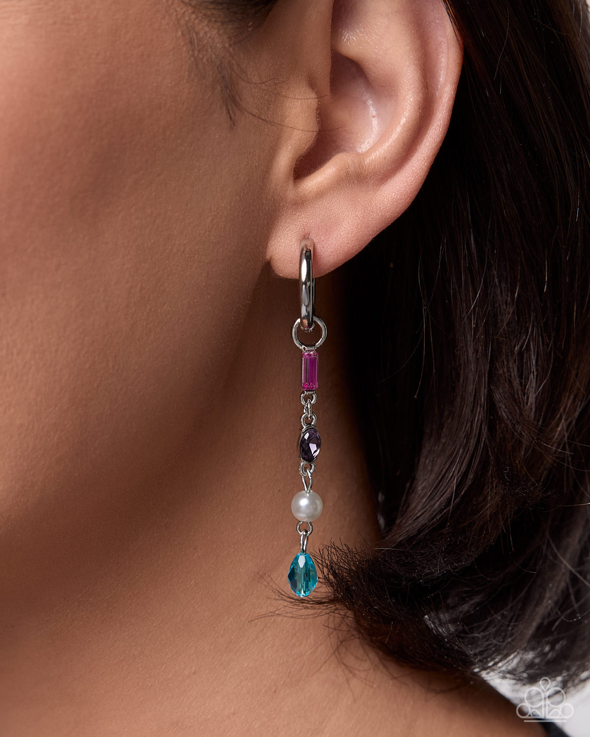 Paparazzi Poised Paradox - Multi Pink, Purple Gem, White Pearl & Blue Bead Earring Charm