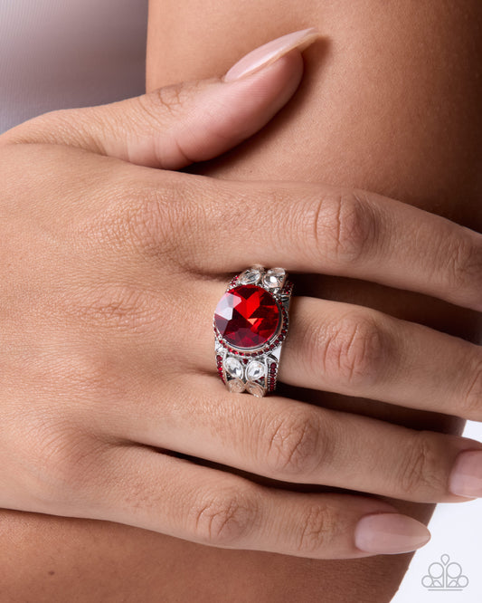 Paparazzi Strong Shimmer - Red Gem & Rhinestone Silver Ring