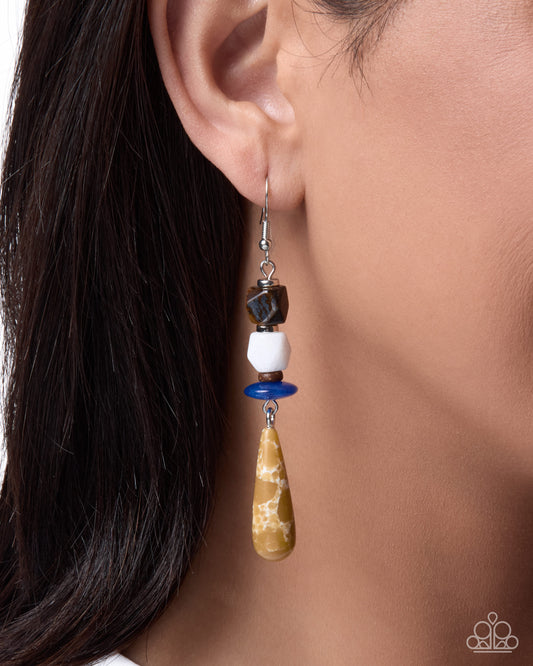 Paparazzi Elongating Echo - Yellow, Tiger's Eye, Lapis & White Quartz Stone Earring