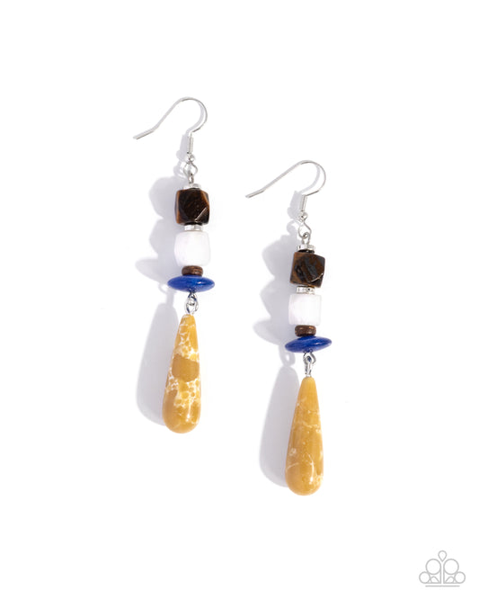 Paparazzi Elongating Echo - Yellow, Tiger's Eye, Lapis & White Quartz Stone Earring