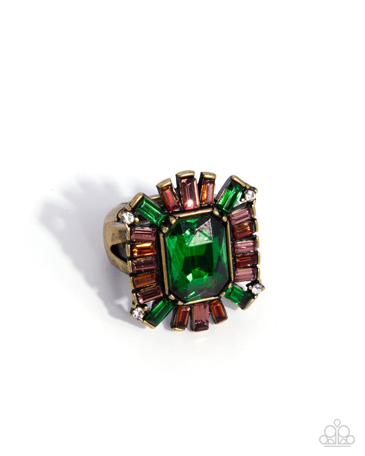 Paparazzi Serious Sunburst - Brass & Emerald Green Gem Ring