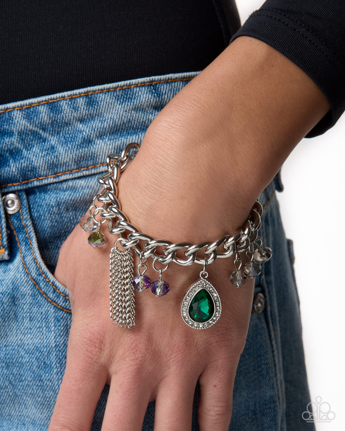 Paparazzi Requisite Radiance - Green Emerald Teardrop Silver Charm Style Bracelet