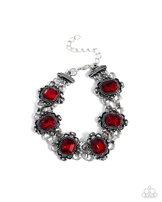 Paparazzi Brief Bloom - Red Gem Floral Filigree Silver Bracelet