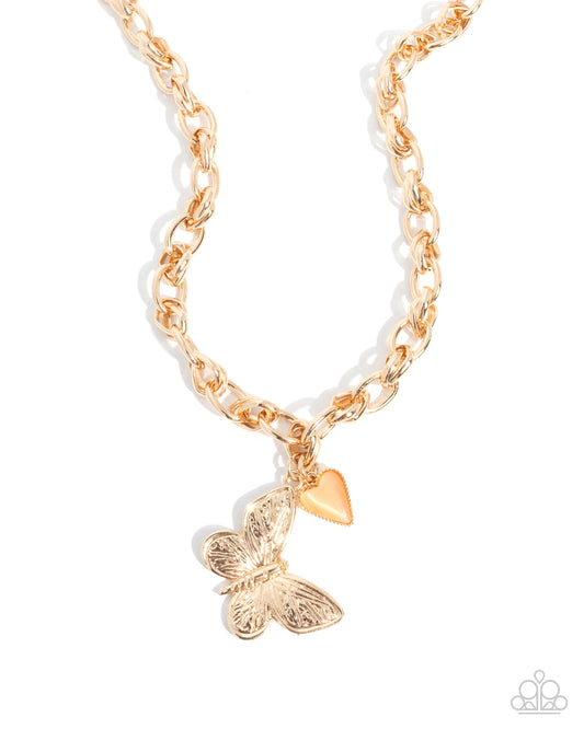 Paparazzi Budget Butterfly - Orange Cat's Eye Stone Heart Charm & Gold Butterfly Necklace
