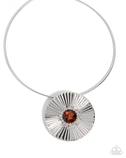 Paparazzi Tangible Trajectory - Brown Tea Gem Silver Sunburst Pendant Necklace